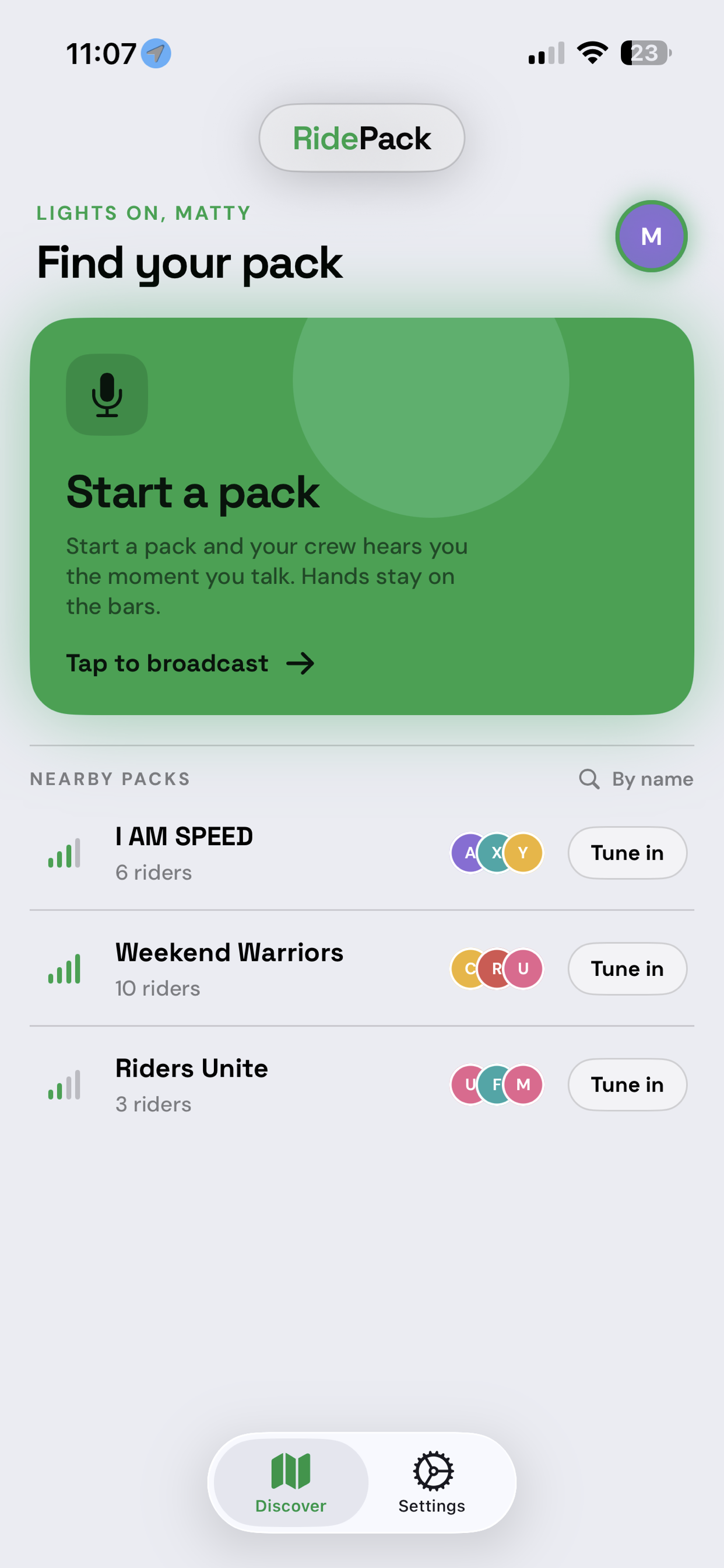 Discovery screen showing nearby rides